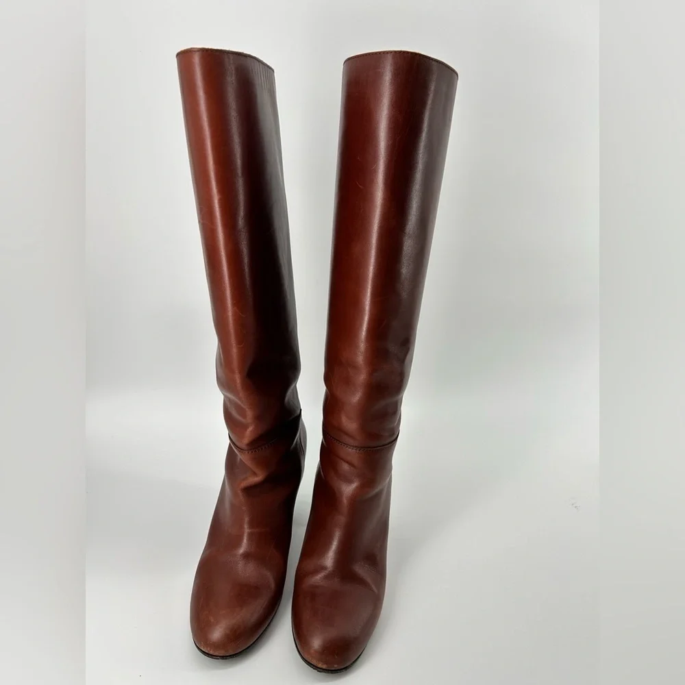 Chanel brown leather camel caramel heeled boots pull on 38.5 with dustbags only